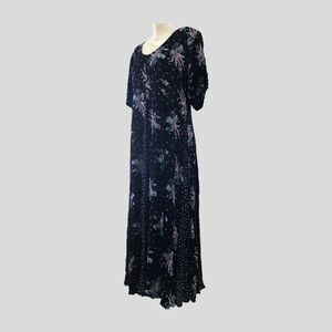 Vintage 90s Black Purple Short Sleeve V Neck Floral Flowy Long Midi Dress - L